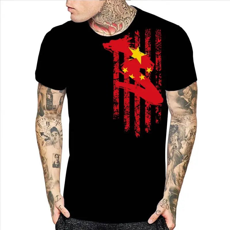 CHINA Vintage Flag  Print Mens Black and White Short Sleeve T-Shirt New Chinese Dargon 5 Star Red Design Christmas Gift Shirts