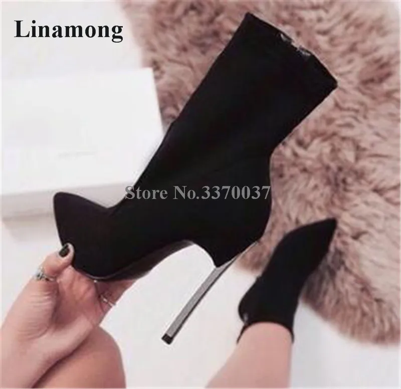 Brand Design Women Fashion Pointed Toe Suede Leather Stiletto Metal Heel Short Boots Pink Red Yellow High Heel Ankle Boots