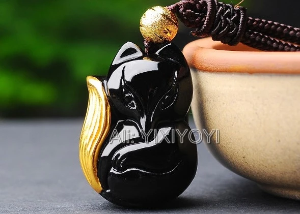 

Natural Black Obsidian 33x25mm Hand Carved Solid Gold Carved Small Cute Fox Lucky Pendant + Beads Necklace fashion Jewelry