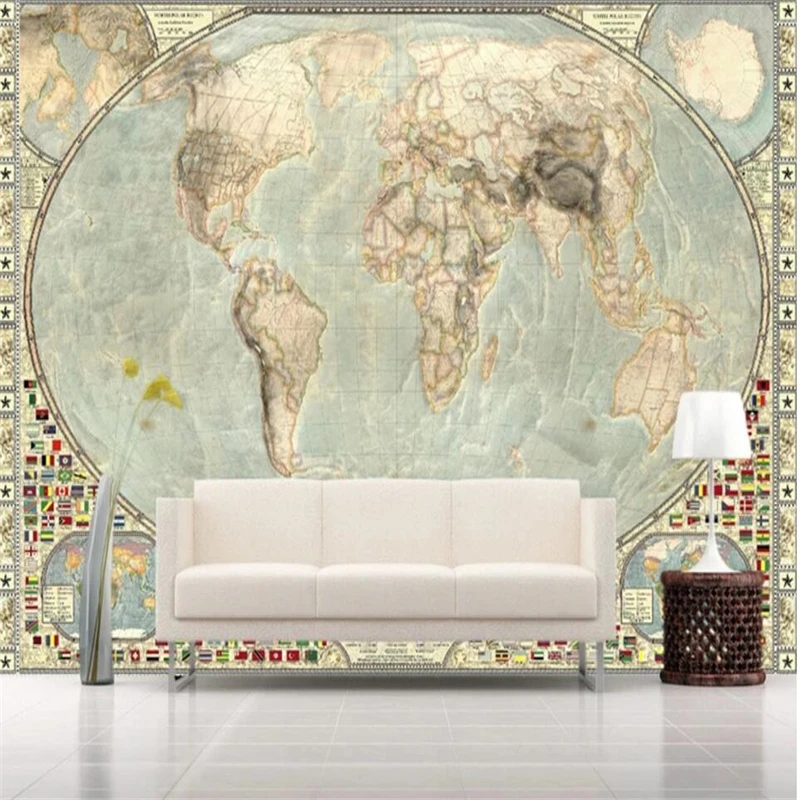 Beibehang-mapa del mundo nostalgia Continental, Fondo de TV, mural grande personalizado de seda verde, papel tapiz de pared