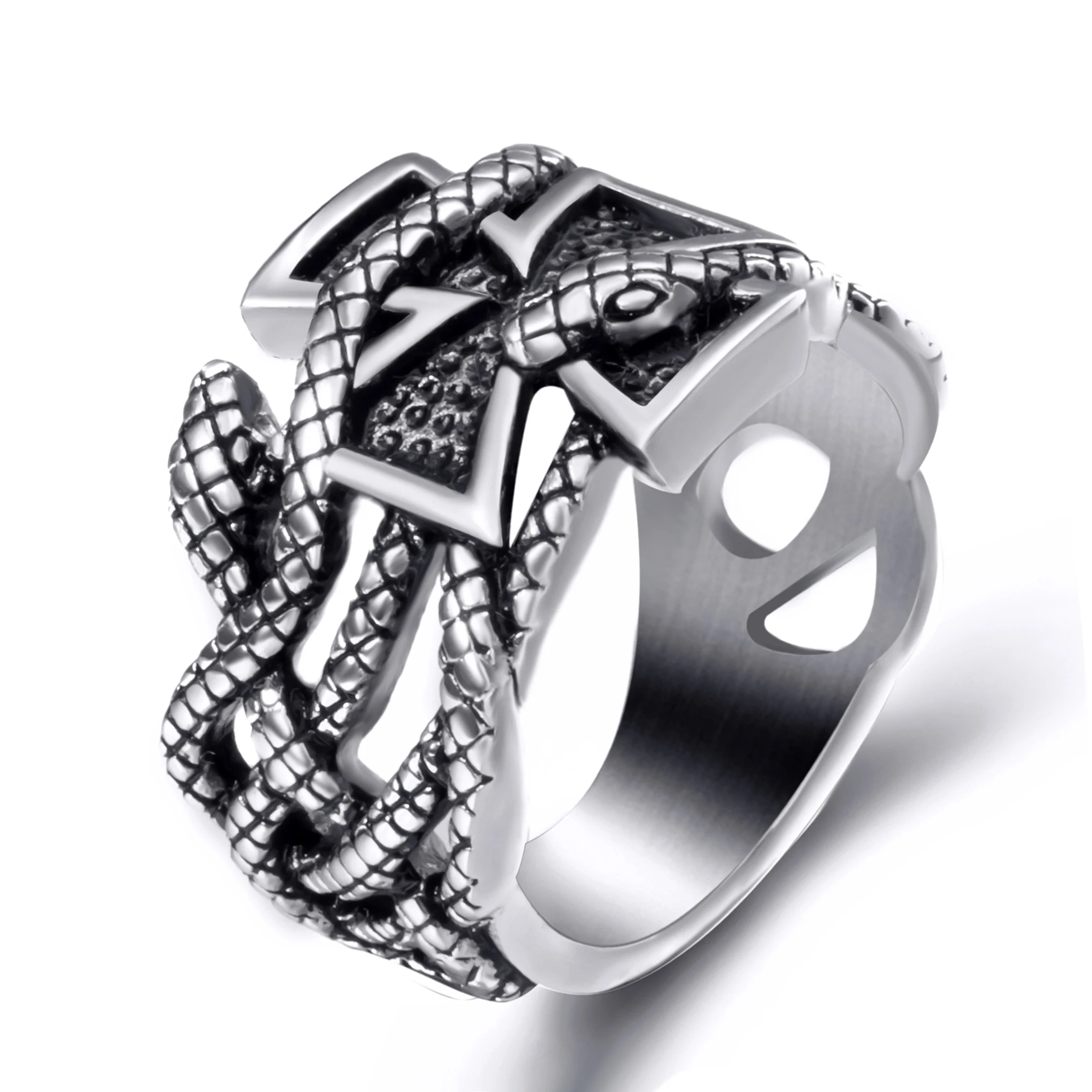 

Elfasio Men Stainless Steel Rings Iron Cross Snake Serpent Masonic Biker Vintage Ring