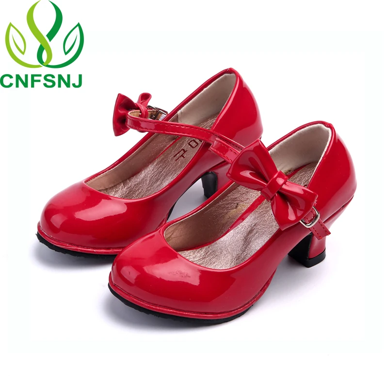 CNFSNJ Classic Bow Girl PU Leather Shoes For Girls Party Dance Children Kids Shoes Princess High Heels Child Wedding Shoes