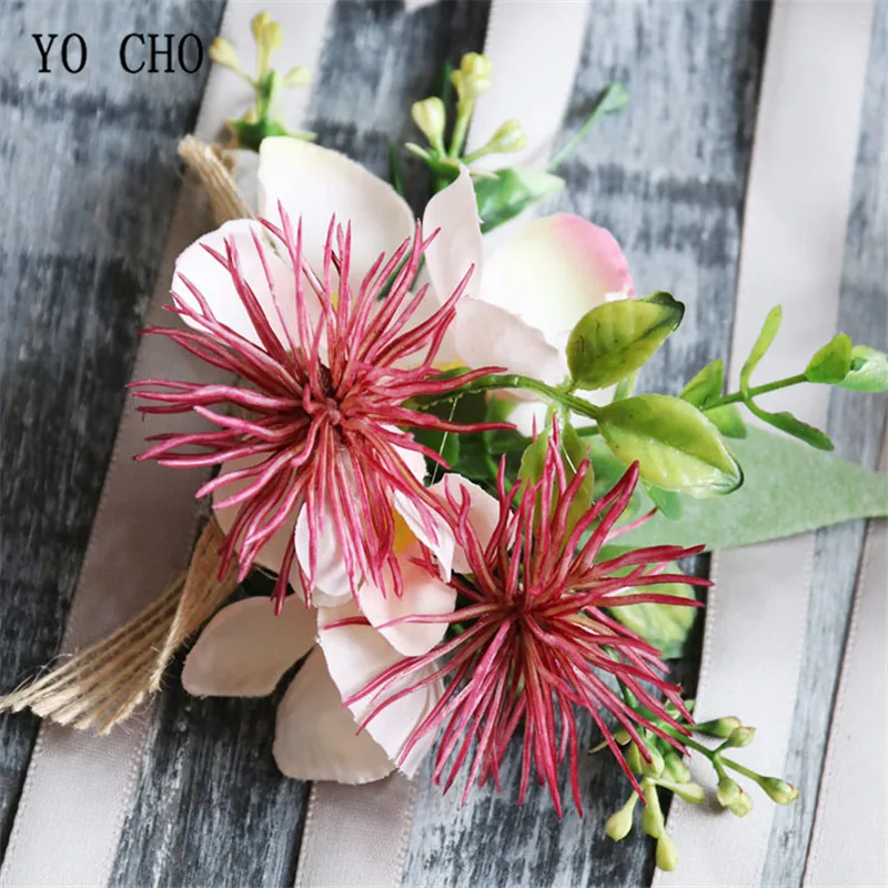 YO CHO Fake Wrist Flower Bridesmaid Sister Wedding Flower Decoration Corsage Bridegroom Boutonniere Pompom Artificial Succlent