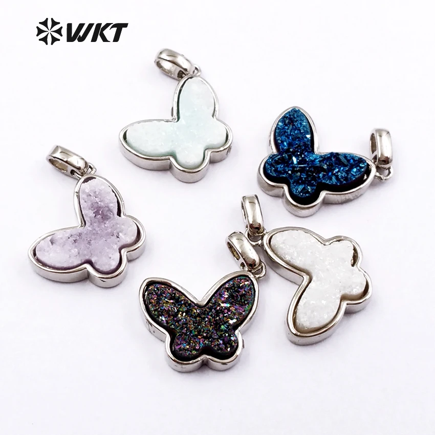 WT-P1325 Beautiful Mini Butterfly Necklaces Pendants Color Natural Druzy Jewelry for Female Fashion Eletroplated Pendant