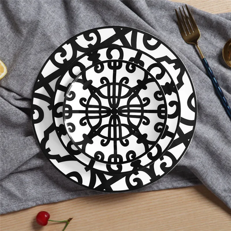 Round Ceramic Plate for Restaurant, Black Dish, Food Container, Western Restaurant, Geometric Figure, Steak Plate, Salad Tray, C