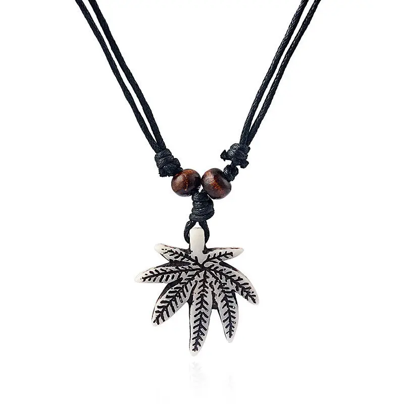 1pcs Resin White Brown Rasta Style Pot Leaf Weed Leaf Necklace Black Wax Cotton Cord Adjustable Jewelry