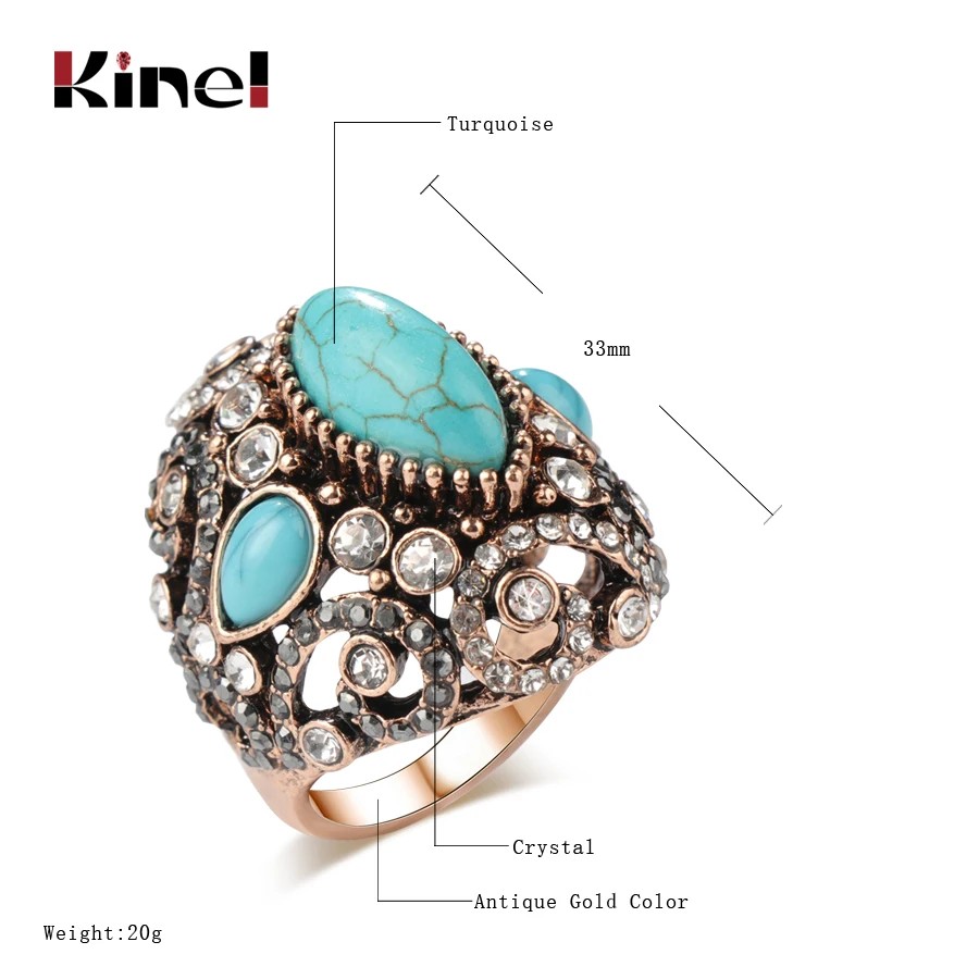 Kinel Luxury Big Antique Rings For Women Fashion Dubai Gold Blue Stone Vintage Wedding Engagement Crystal Rings Jewelry 2018 New