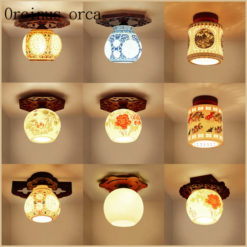 New Chinese style Jingdezhen ceramic ceiling lamp corridor entrance balcony lobby modern simple round ceiling lamp