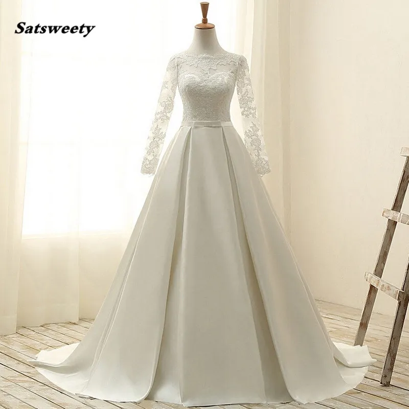 White Ivory Long Sleeve Lace Wedding Dresses Casamento Sheer A Line Custom Made Bridal Gowns Open Back Robe De Mariee