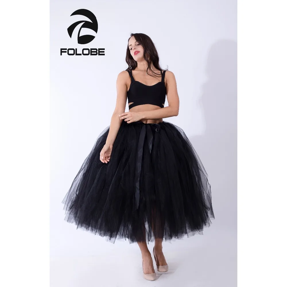 FOLOBE Handmade Black Vintage Tulle Skirt Tutu Maxi Long Skirts Womens Slim High Waist Skirt Jupe Longue Skater Skirt TT015