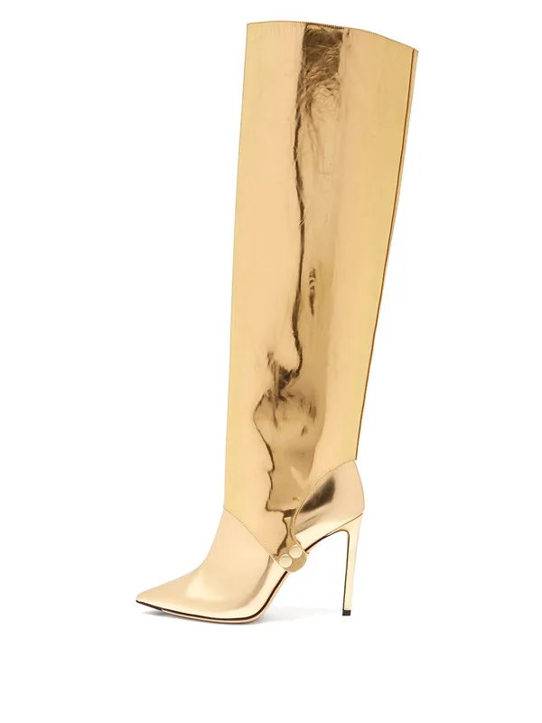 

2019 Latest celebrity shoes women fashion runway gold mirror leather knee high boots two ways to wear high heels botas mujer
