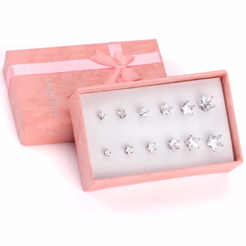 LUXUSTEEL Stud Earrings Shiny Star Crystal Earring Sets Stainless Steel 6Pairs/Box Push Back Jewelry Gift For Women/Girl