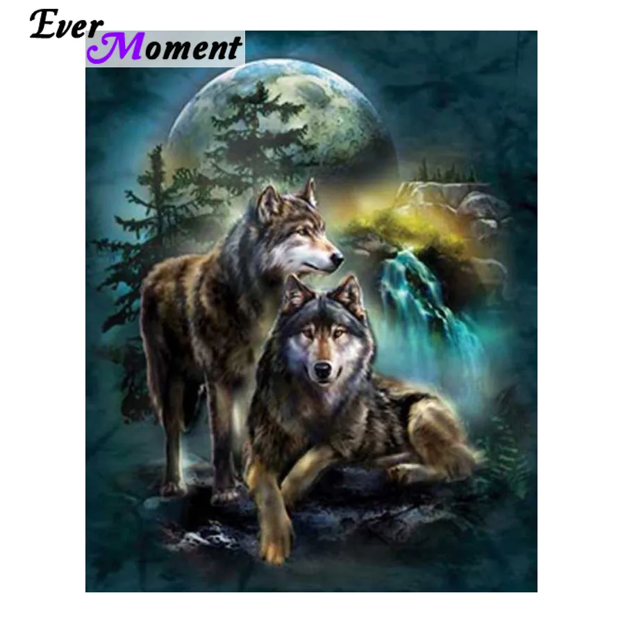 Ever Moment Diamond Embroidery Wolf 5D Full Drill Square Resin Diamond Painting Moon Waterfall Animal Mosaic Kit Craft ASF910