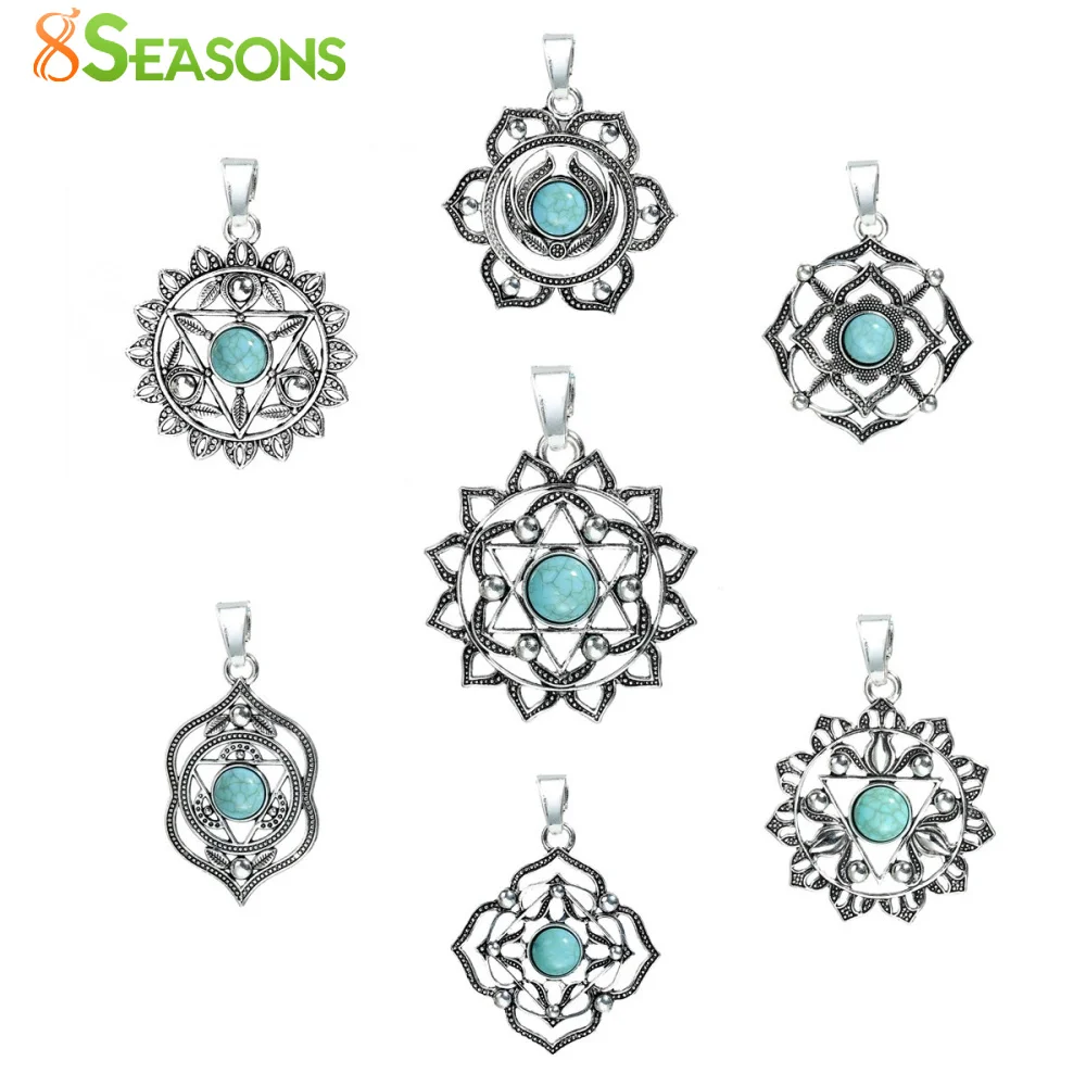 8Seasons Zinc Alloy Chakra Pendants Flower Antique Silver Color Green Stone Sun Hexagram Hollow Charms DIY Making Jewelry,2PCs