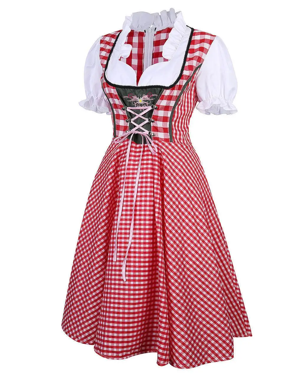 Women's German Oktoberfest Costume Red Plaid Bavarian Traditional Beer Festival Wench Dirndl Dress Halloween Cosplay Costume