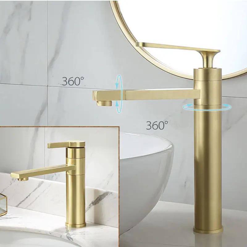 Basin Faucets Brushed Golden Total Brass Deck Basin Faucet Single Hole Tap Hot And Cold Water Mixer Taps Bathroom Sink Faucet