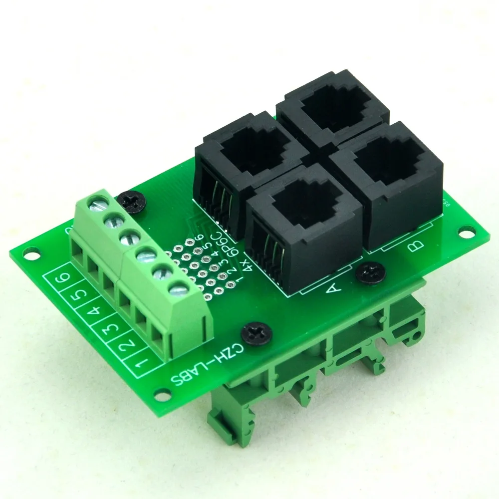 RJ11/RJ12 6P6C 4-Way Buss Board Interface Module with Simple DIN Rail Bracket.