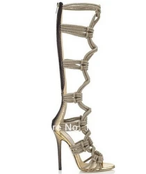 Donne di vendita calde sandali cross-legato cut-outs tacchi alti gladiator sandal boots per le donne torna zipper nero/marrone chiaro stivali