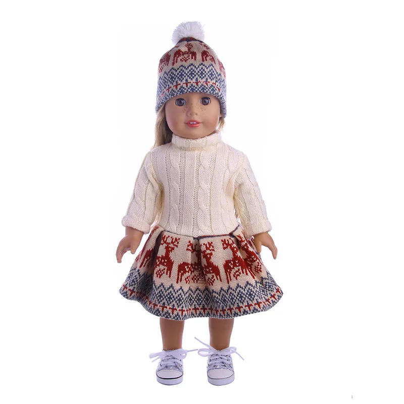 Doll Clothes 2 Pcs Sweater+Knitted Hat & Plush Boots For 18 Inch American Doll & 43 Cm Baby Doll For Generation Girl`s Christmas