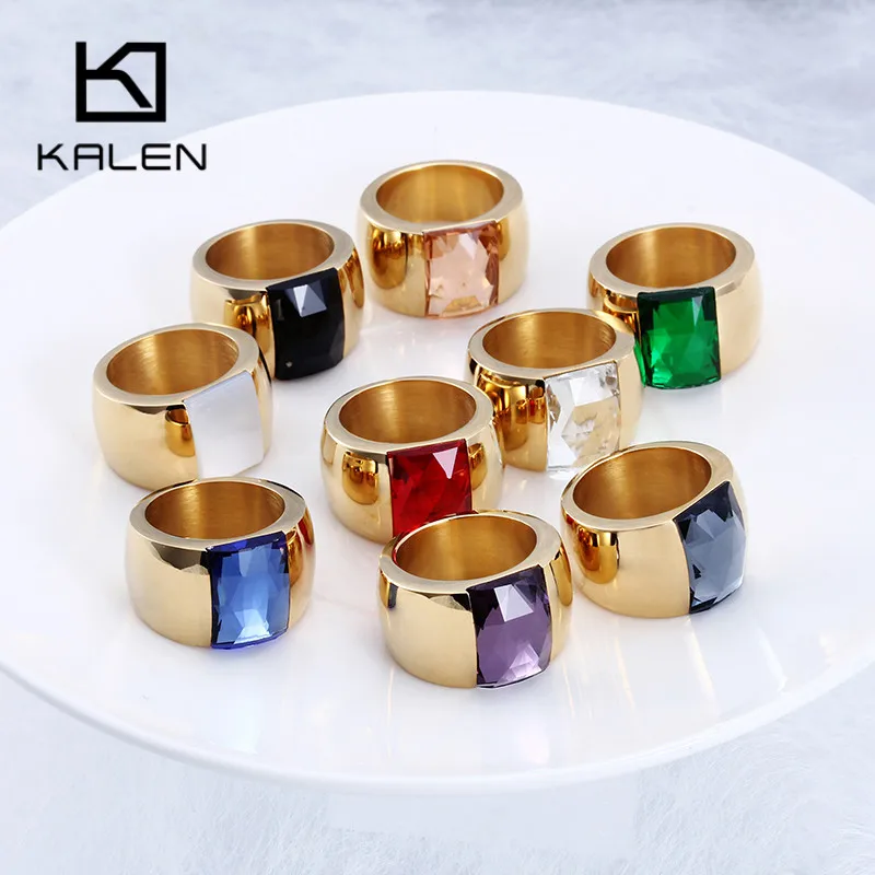 Kalen Fashion Gold & Color Pierścionki ze stali nierdzewnej dla kobiet Kwadratowe kolorowe kamienne szklane pierścionki Femme Anillos Mujer Biżuteria Prezenty
