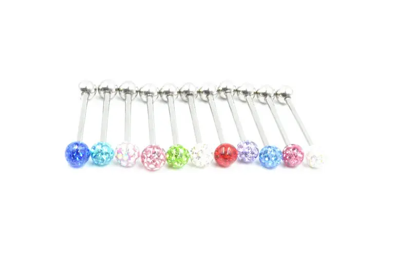 

Free Shipping 50pcs Body Jewelry Piercing Full Smoothly Gems Tongue Ring Barbells Nipple Shield Bar 14G~1.6mm Mix Nice Colors