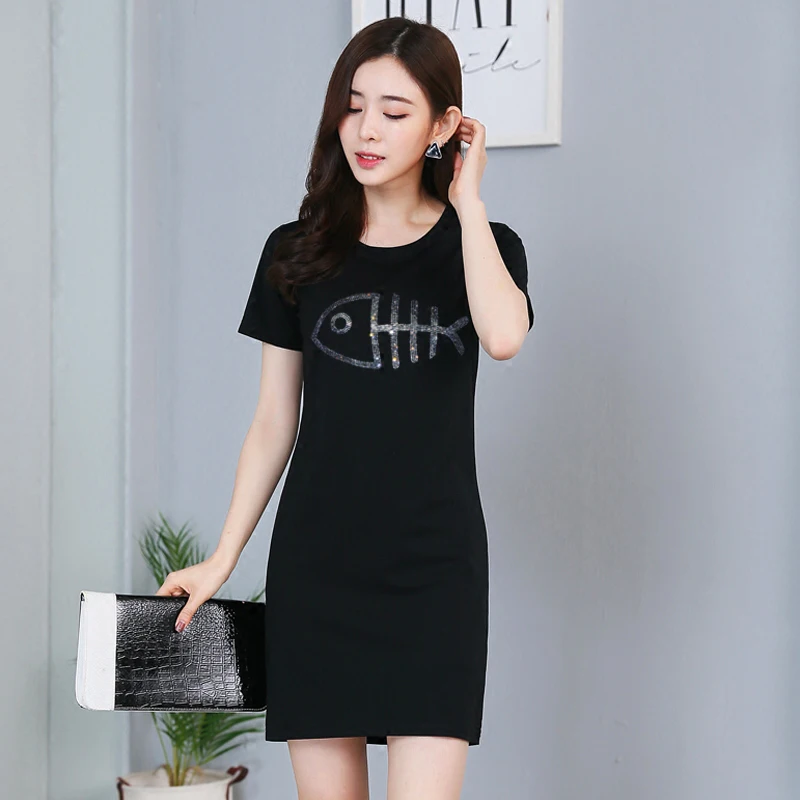 

Black short-sleeved bottom dress female summer slim hot drilling fish leisure stretch knit new long dresses free shipping