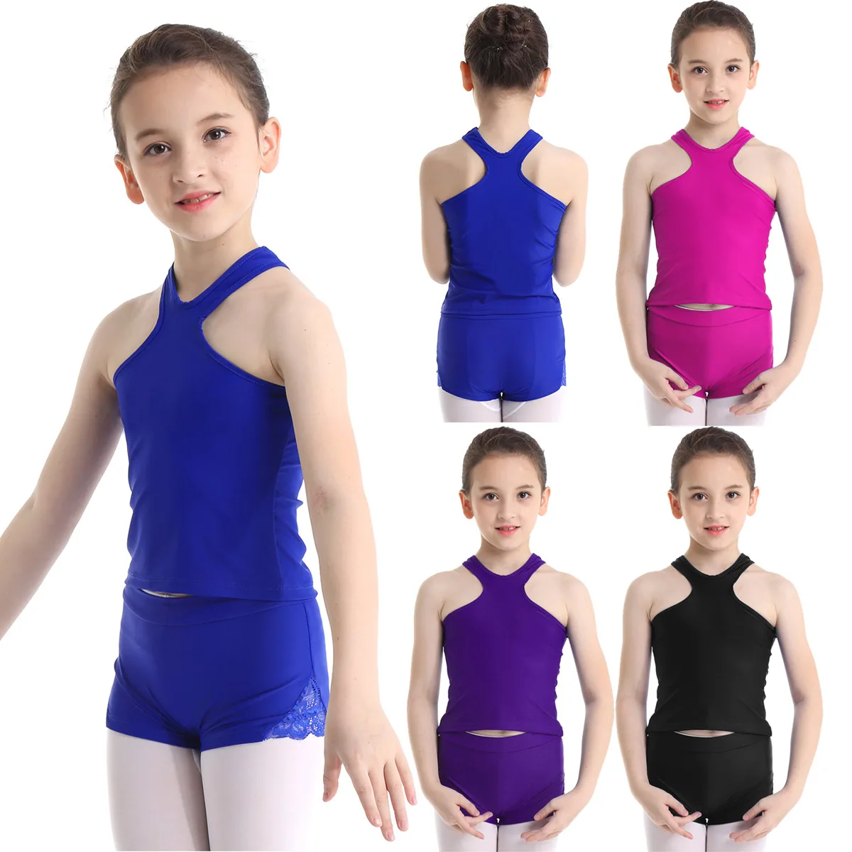 Kids Girls Ballet Dance Outfit Racer Front and Back Tank Top with Bottoms Set for Ballet Dance Gym Workout Sports Exercise Set