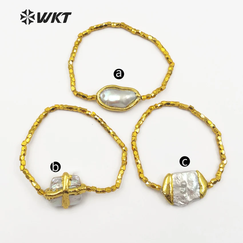 WT-B418  Random Shape Natural Baroque Pearl With Gold Dipped Bracelet Multi-Option Pearl Brass Bead Bangle Can Adjust