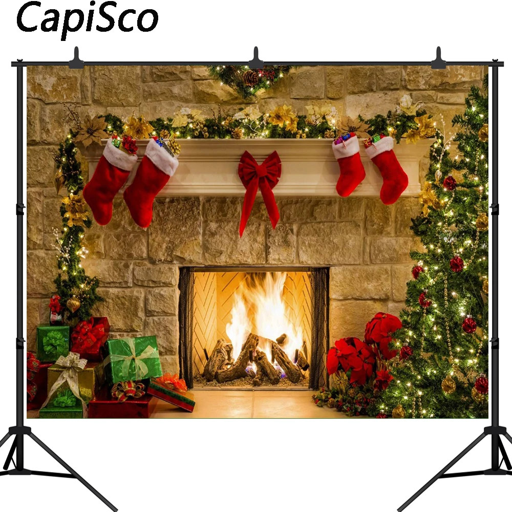 Capisco Christmas Tree Photography Backdrops Fireplace Brick Wall Santa Claus Socks Photo Background Photocall Studio Props