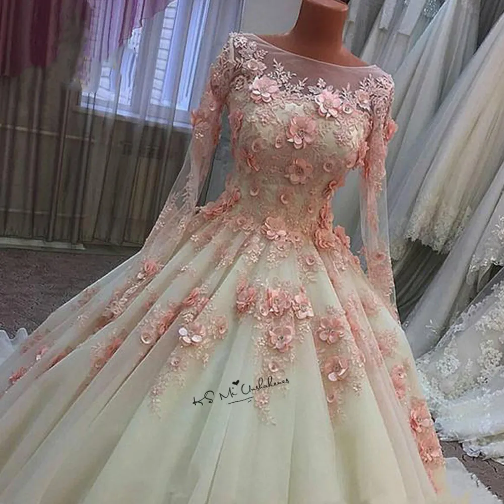 

Pink 3D Flowers Wedding Dresses Vestido de Noiva Princesa Wedding Gowns Long Sleeve Lace Vintage Boho Bride Dress 2018 Gelinlik