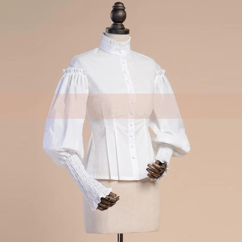 Nova Primavera Verão Mulheres Camisa de Algodão Perna de Carneiro Manga de Baile Gótico Do Vintage Blusa feminino Casual Magro Azul Branco Camisas