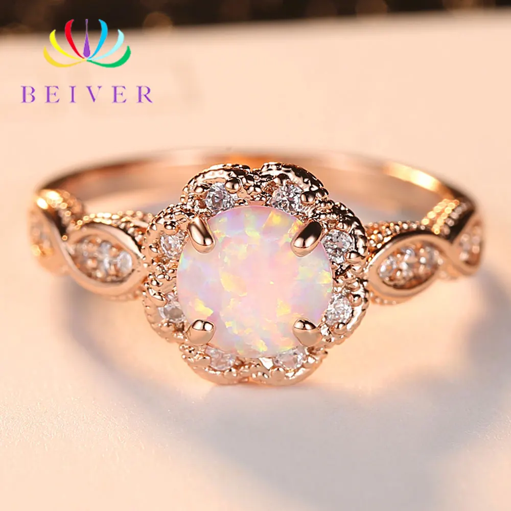 Beiver Fashion Rose Gold Color Fire Opal Rings for Women Wedding Bands Promise Ring Party Jewelry