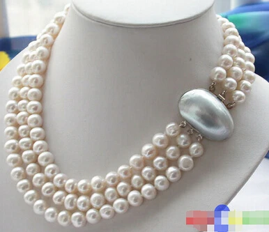 

3ROW 10MM WHITE ROUND FRESHWATER CULTURED PEARL NECKLACE P2310> Wholesale Lovely Women's Wedding Jewelry