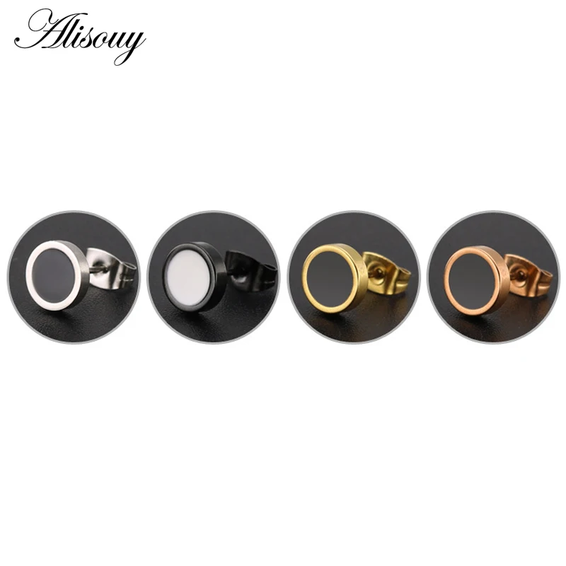 Alisouy 4 Colors 316L Titanium Steel Drops Oil Stud Earrings Round Steel Button Black Center Gift For Men Trendy Accessories