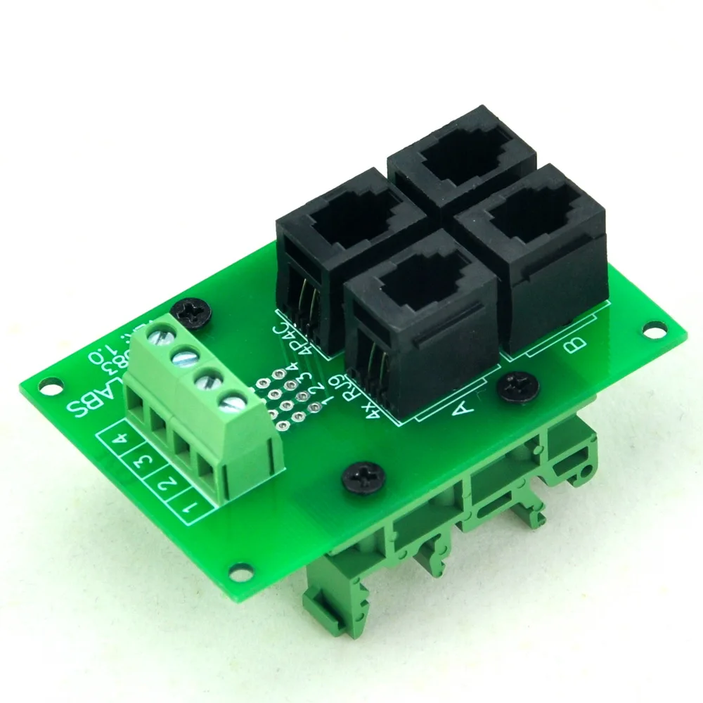 RJ9 4P4C 4-Way Buss Board Interface Module with Simple DIN Rail Mount Bracket