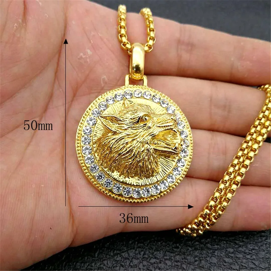 Iced Out Wolf Head Necklaces Pendants For Women/Men Gold Color Stainless Steel Rhinestones Necklace Hip Hop Bling Jewelry