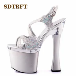 SDTRFT Plus:34-44 Sliver Open Toe platform sandals 15/20cm thick high-heeled female bridal Cross-tied shoes woman wedding pumps