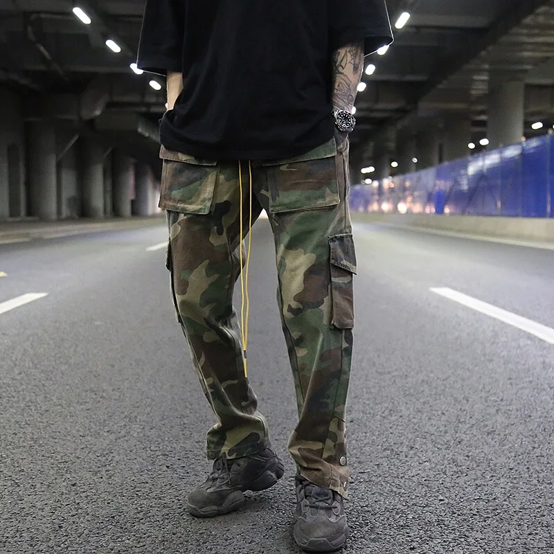 Mens Camouflage Hip Hop Pants Bottom Button Pockets Cargo Trousers Fashion Elastic Waist Drawstring Sportswear Streetwear Jogger