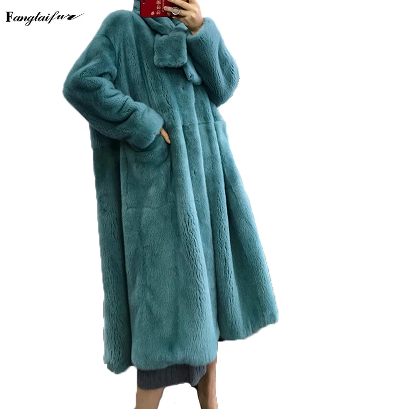 

Зимняя куртка Ftangaiur, импортное бархатное меховое пальто из норки, с круглым вырезом и шарфом, с карманами, приталенные норковые пальто, женские длинные меховые пальто из натуральной норки