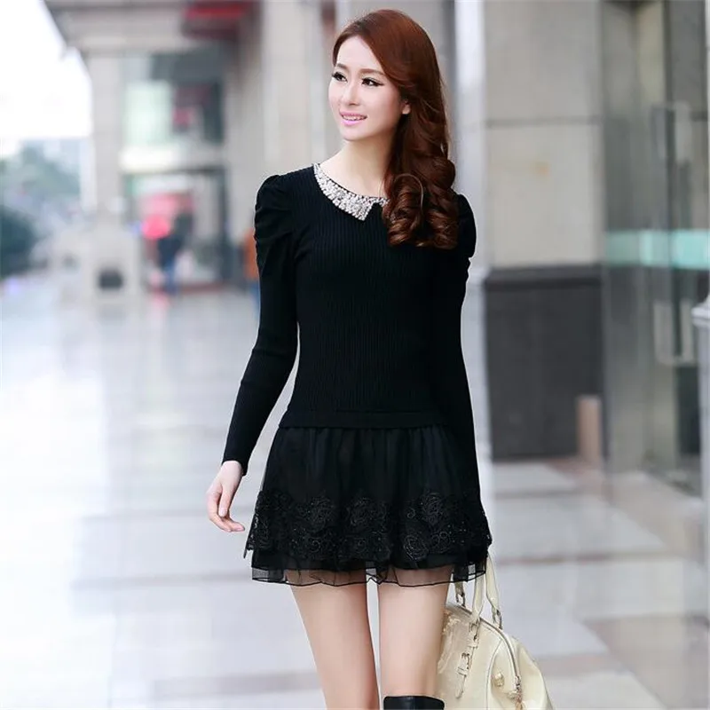 Knit Sweater Dress Women\'s 2022 Autumn Winter New Lace Stitching Fake Two Pieces Mini Dress Diamond Slim Female Pullover Tops