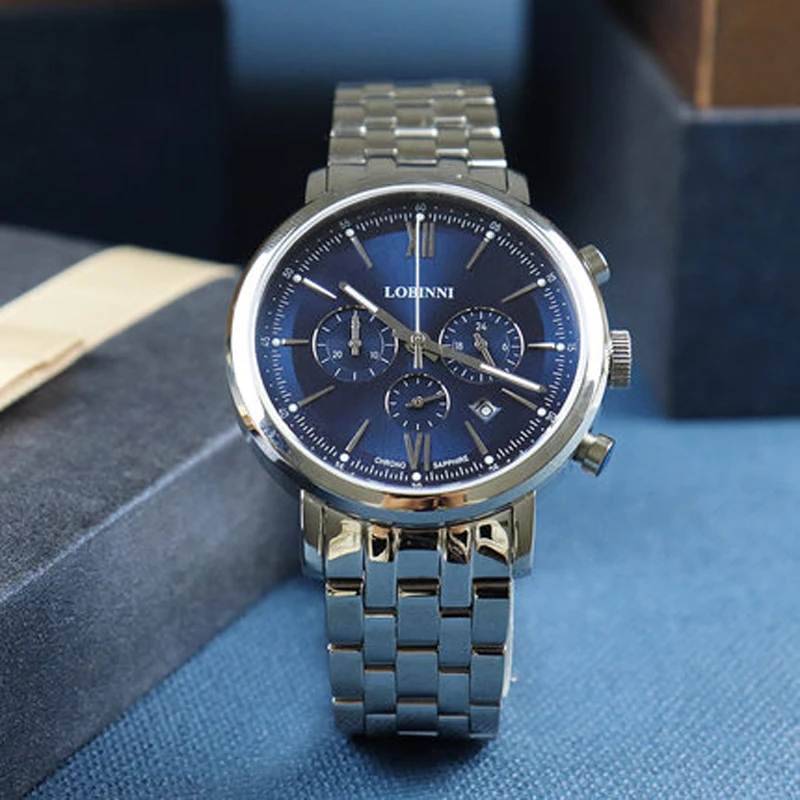 LOBINNI ساعة رجالي الأعمال 50 متر مقاوم للماء حزام الصلب متعددة الوظائف كرونوغراف الهاتفي كوارتز ساعة معصم الرجال الياقوت L3605