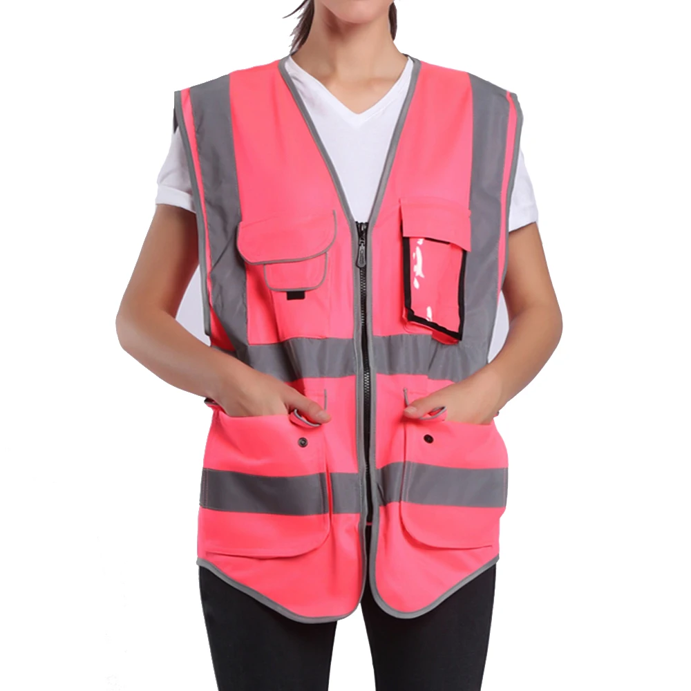 Colete de alta visibilidade feminino, roupas de trabalho, uniformes com bolsos, rosa