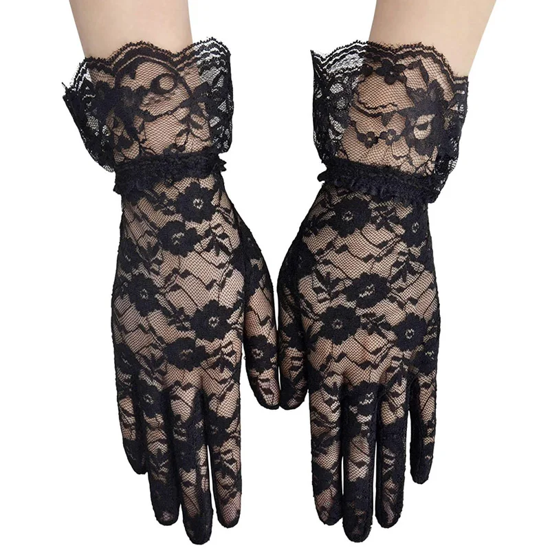 Women Vintage Sheer Short Lace Gloves Derby Tea Party Wrist Length Floral Gloves for Dinner Fancy Costume Accessories Gloves