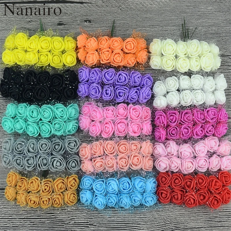 144pcs 2cm Artificial Mini Foam Rose Flower Bouquet Multicolor Wedding Flower Decoration Scrapbooking Fake Flowers Wreath