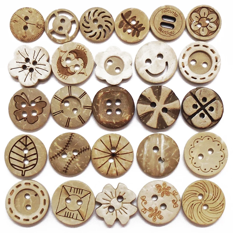 

30PCs/Lot Size 15mm Natural Color Round Laser Coconut Shell Buttons Crafts Sewing Scrapbooking Wood For Kids Clothes Handmade