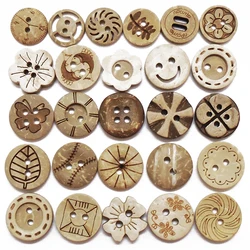 30PCs/Lot Size 15mm Natural Color Round Laser Coconut Shell Buttons Crafts Sewing Scrapbooking Wood For Kids Clothes Handmade