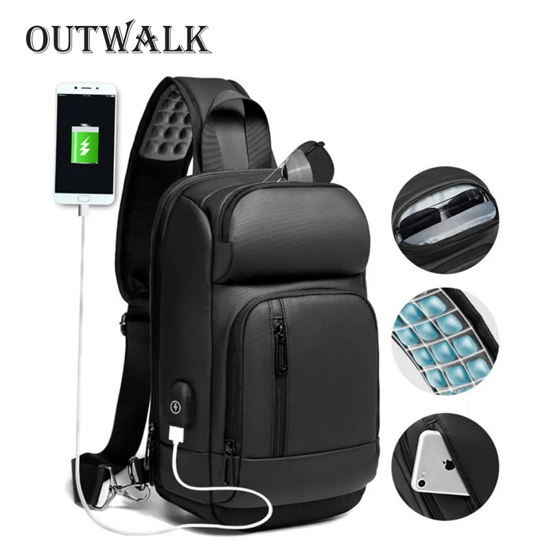 OUTWALK Black Chest Pack Men Casual Shoulder Crossbody Bag USB Charging Chest Bag Water Repellent Travel Messenger Bag Back Pack