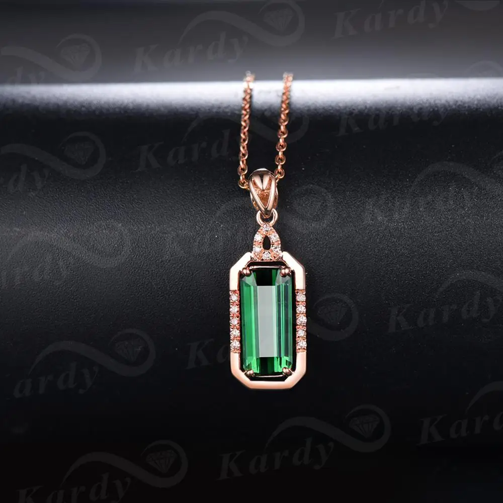 Rare Green Tourmaline Gemstone Diamond 14K Rose Gold Emerald Cut Wedding Engagement Fashion Necklace Pendant Set for Women