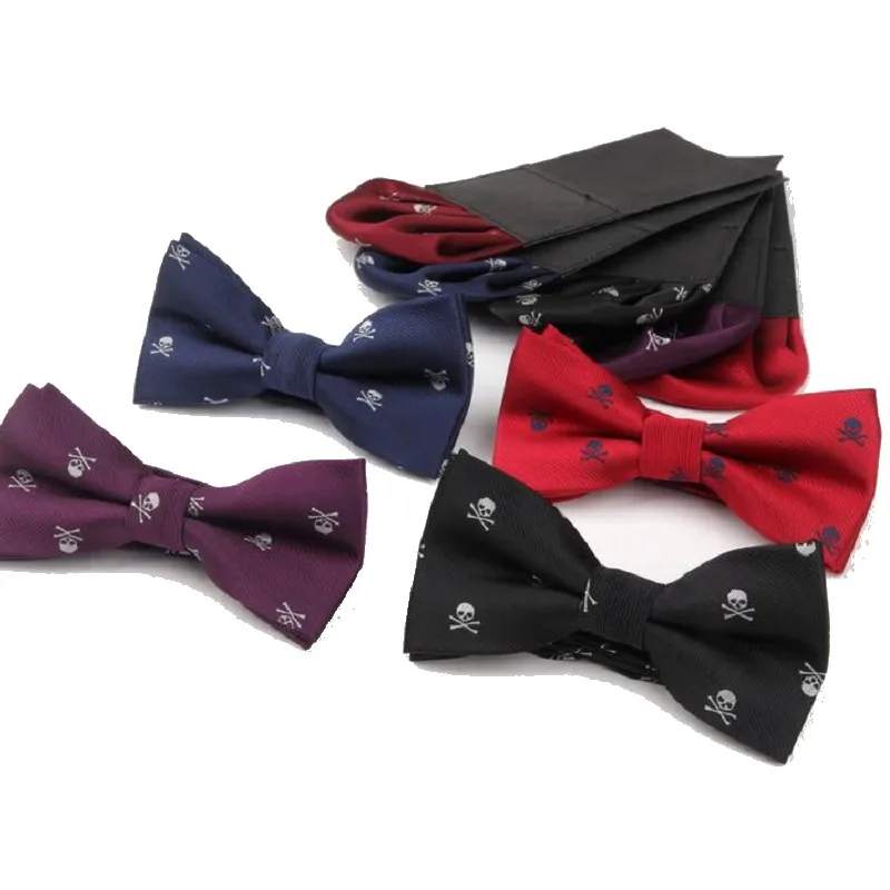 Bow tie set print skull hanky set pocket square polyester handkerchief bowknot handkie wedding red purple black blue