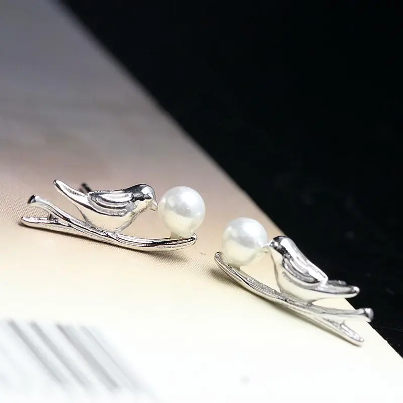 

925 sterling silver inlaid shell pearl earrings lady hypoallergenic branches birds Tremella fuciformis nail